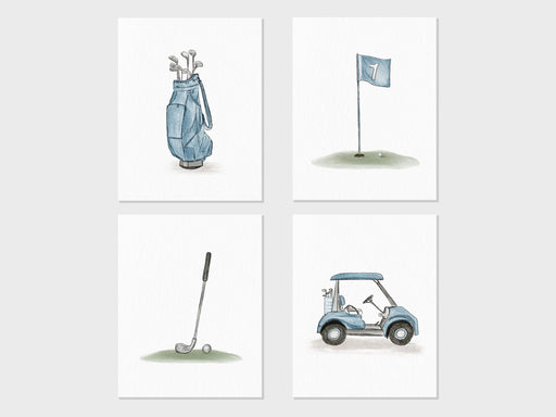 four different pictures of a golf cart, a golf bag, and a golf club