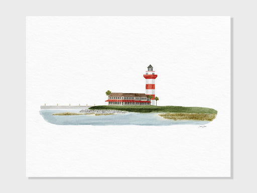 a watercolor painting of a red and white lighthouse
