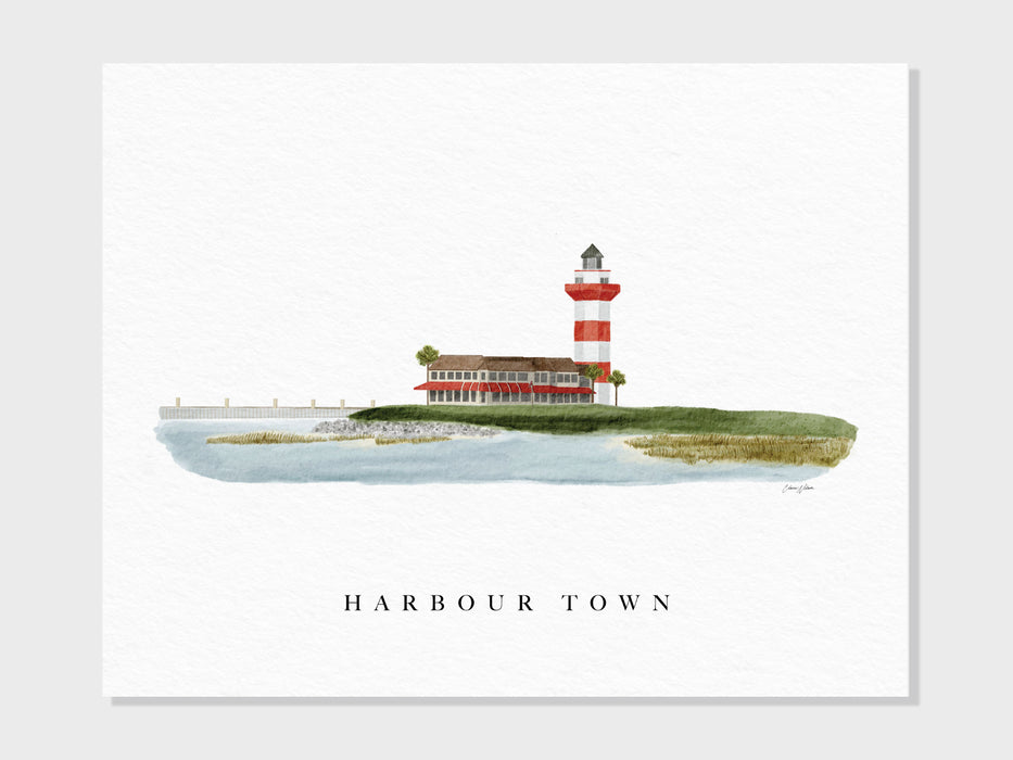 a watercolor painting of a lighthouse on a small island