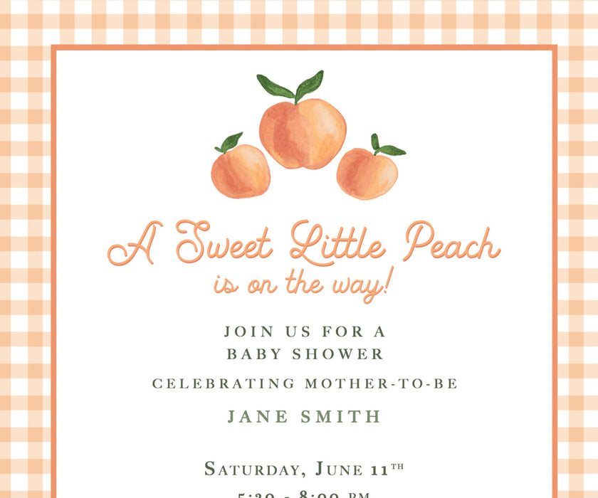 Peach Theme Baby Shower Invitations | Gingham Pink & Orange Peaches 