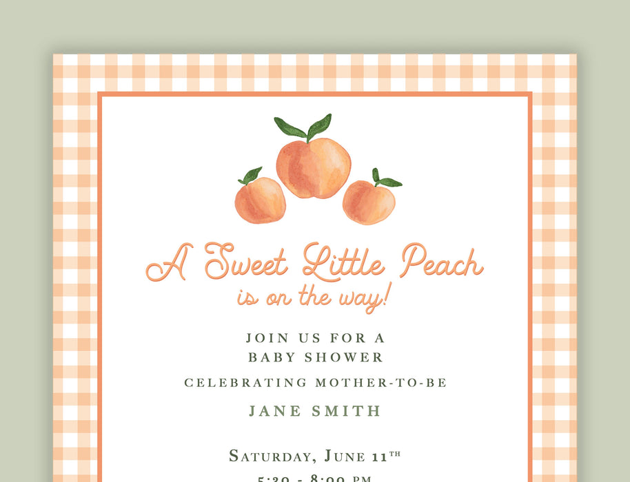 Peach Theme Baby Shower Invitations | Gingham Pink & Orange Peaches 