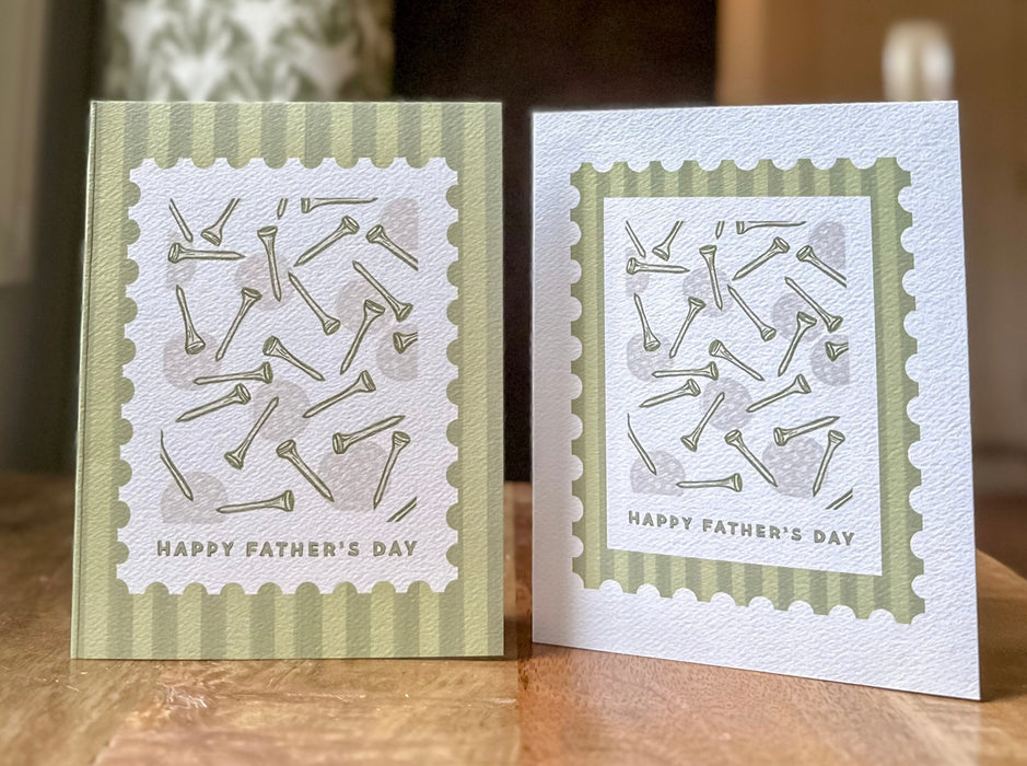 Happy Father's Day Card | Green Stripe Pattern | Golf Tees and Balls | Blank Greeting Card | Size A2 4.25" x 5.5" | Includes White Envelope